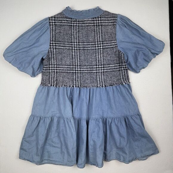 ZARA Chambray Mini Dress Tweed A-Line Smocked Neck Puff Sleeve School Girl-S - Picture 10 of 11